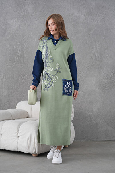 Miss Allos Kadın Kolları Kot Önü Boncuk İşlemeli Geniş Kalıp Uzun Triko Elbise