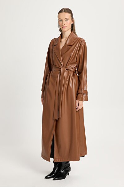 minaaise Women's Brown Oversize Unlined Full Length Leather Trench 30022