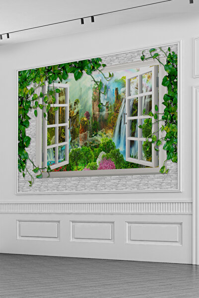 dreamwall 3D Pencere Efektli Şelale ve Orman Manzaralı Tek Parça Duvar Kağıdı