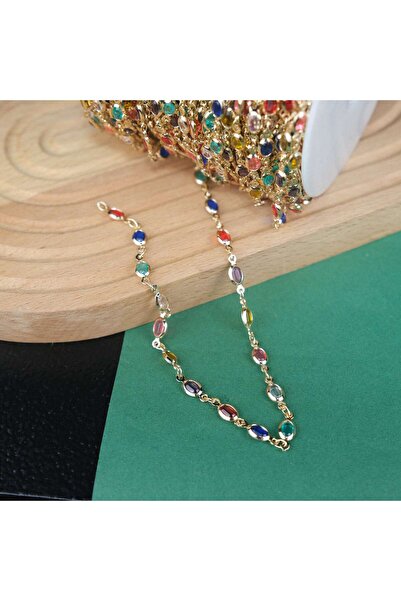 Prestij Boncuk Lanț din metal auriu, oval, cu mărgele de culori mixte, lanț p...