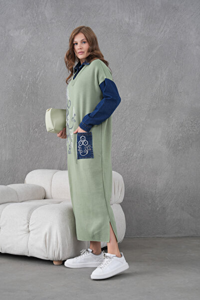 Miss Allos Kadın Kolları Kot Önü Boncuk İşlemeli Geniş Kalıp Uzun Triko Elbise