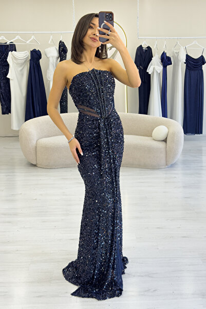 thezkscom Straplez Bel Dekolteli Pul Payet Abiye Elbise Gümüş, Saks,Gold, Pud...