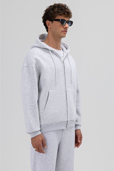 İLKCET MODA Φούτερ με κουκούλα με φερμουάρ, ανοιχτό γκρι, Premium Unisex Oversize