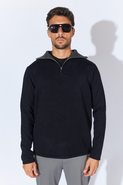 Manche سترة بتفاصيل ياقة وسحاب نصفي - أسود |   MEW515231-01