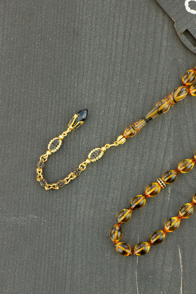 Tesbih Otağı Diamond Silver Tassel Barley Cut Fire Amber Prayer Beads – with Special Wooden Box