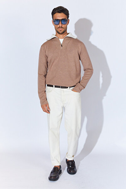 Manche Yaka Detaylı Yarım Fermuarlı Kazak - Vizon | MEW515231-01