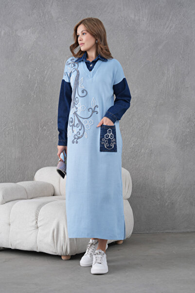 Miss Allos Rochie lungă din tricot pentru femei, cu mâneci din denim, cu broderie în față