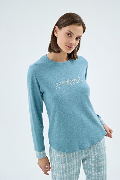 Sevim Women's Long Sleeve Printed Blue Top Plaid Bottom Pajama Set C3T1N071