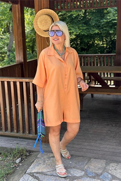 By Esra Celkan Orange Düğmeli Salaş Kısa Şortlu Tulum