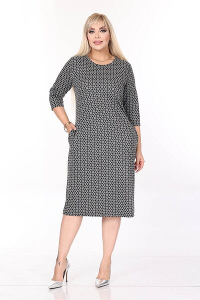 modayız Double Pocket Patterned Stretchy Winter Plus Size Midi Dress 44D-2710