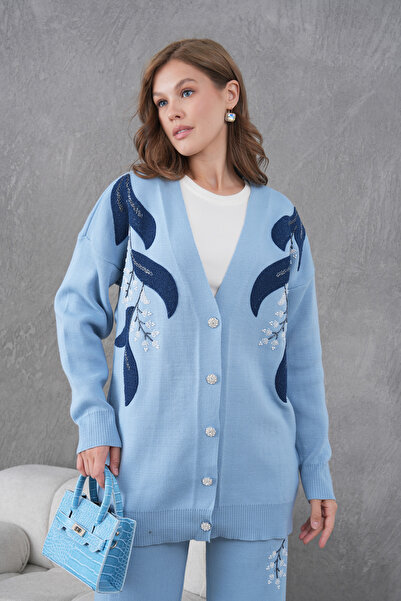 Miss Allos Women's Beaded Wide-Fit Knitwear Cardigan and Pants Bottom-Top Set