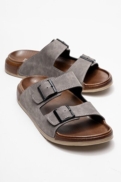 CCWAY AYAKKABI Men's 2 Buckle Belted Slippers Gray