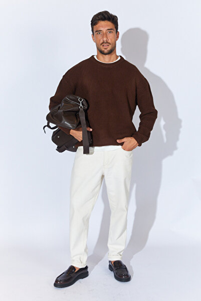 Manche Bisiklet Yaka Oversize Basic Kazak - Kahve | MEW515256-01