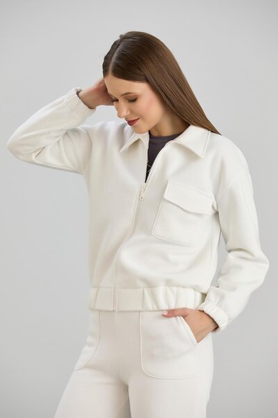 Sortie Hanorac cu buzunare și fermoar ecru