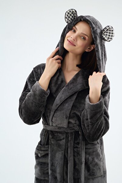 Sevim Kadın Kapüşonlu Kulak Detaylı Cepli Kemerli Siyah Sabahlık C4T1N071