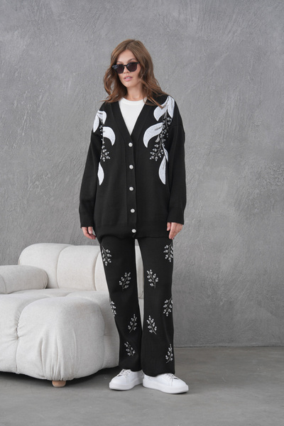 Miss Allos Women's Beaded Wide-Fit Knitwear Cardigan and Pants Bottom-Top Set