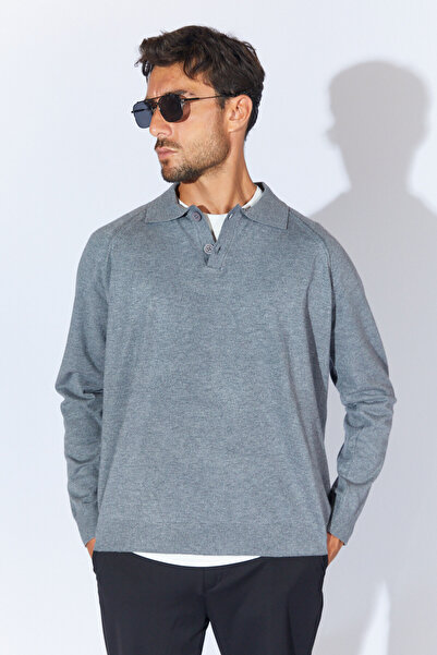 Manche Polo Yaka Düğmeli Reglan Kol Kazak - Gri | MEW515228-01