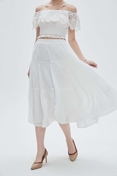 mica Solid Ruffled Midi Skirt