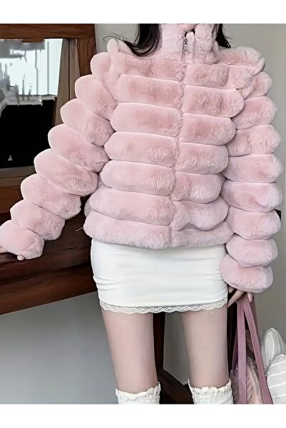 NeednStore Női halvány rózsaszín szőrme rövid pufferkabát