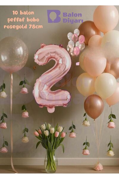BALON DİYARI 2 Year Old Rosegold Birthday Set with Transparent Bobo Gift