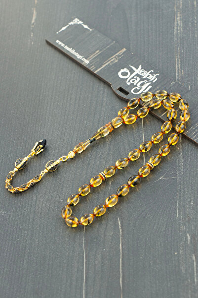 Tesbih Otağı Diamond Silver Tassel Barley Cut Fire Amber Prayer Beads – with Special Wooden Box