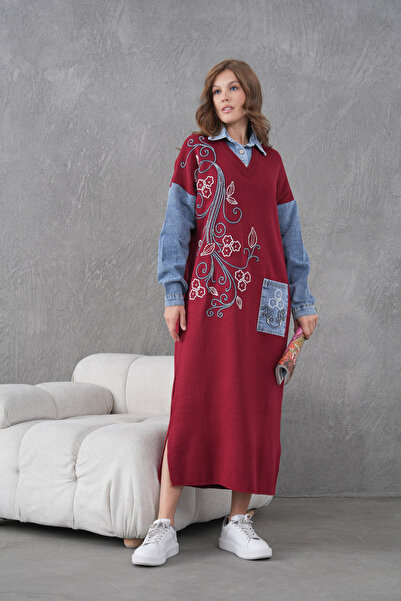 Miss Allos Kadın Kolları Kot Önü Boncuk İşlemeli Geniş Kalıp Uzun Triko Elbise