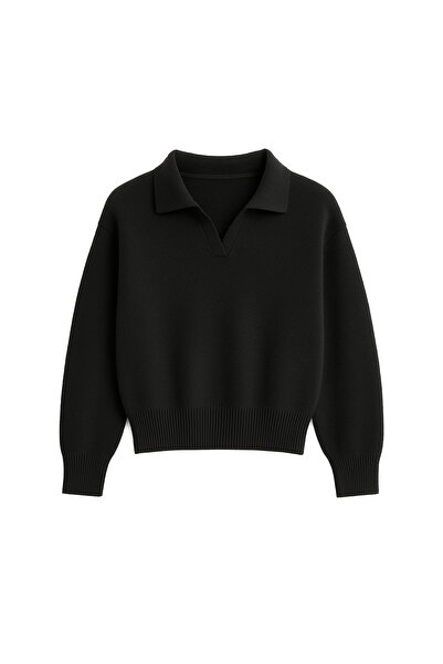 Eazy Co EazyStudio+ Pulover de tricotat negru de bază cu gât polo pentru femei