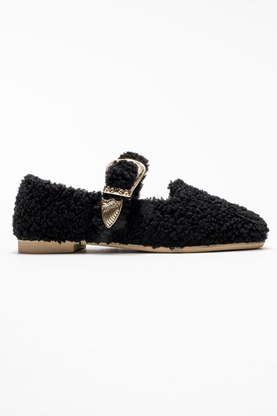 CCWAY AYAKKABI Big Gold Buckle Indoor Ballet Flats Black