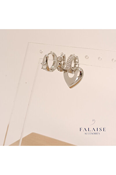 Falaise Accessories TAŞLI KALP KÜPE - 3LÜ GÜMÜŞ