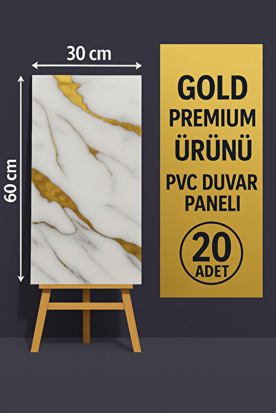 Altın çizgili Gold Premium Mermer Desenli Kendinden Yapışkanlı PVC Duvar Paneli 30x60 cm – 20 Adet