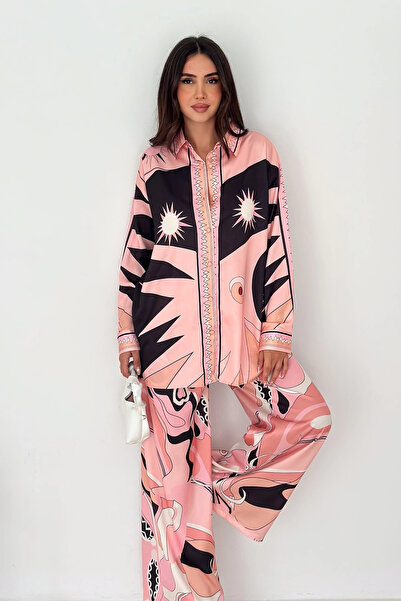 AsprinFashion بدلة من قماش الساتان المودال منقوشة باللون الوردي