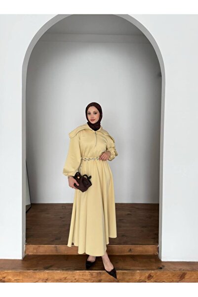 Molly Nelly Women's Half Zipper Belt Detailed Long Dress