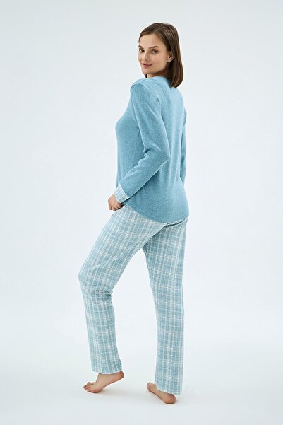 Sevim Γυναικείο Σετ Πιτζάμες με μακρυμάνικο εμπριμέ μπλε τοπ και καρό κάτω μέρος C3T1N071