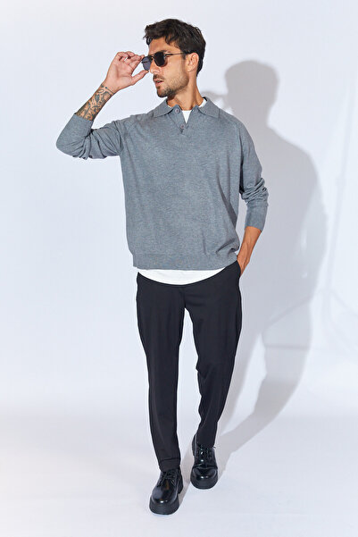 Manche Polo Yaka Düğmeli Reglan Kol Kazak - Gri | MEW515228-01