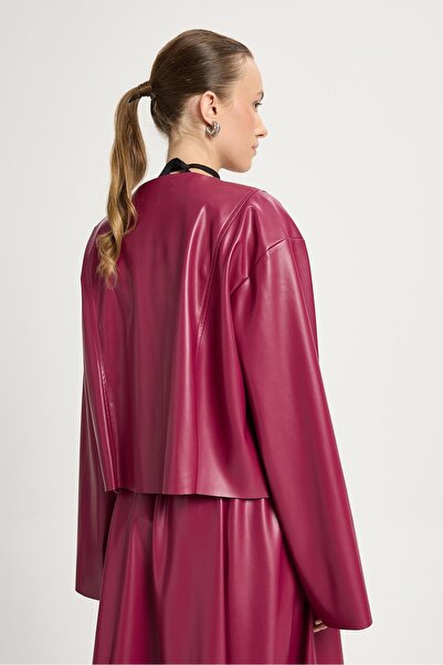 minaaise Burgundy Leather Front Tie Short Jacket Kimono 30023