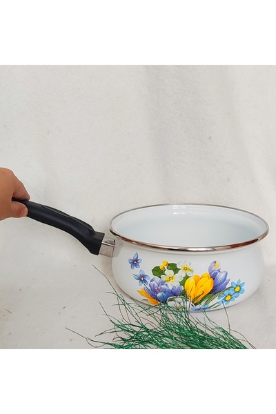 EBRULİEMAYE Lake Flower Enamel Saucepan Sauce Bowl 2 Liters 20 cm Diameter Casserole Dark Blue Handle