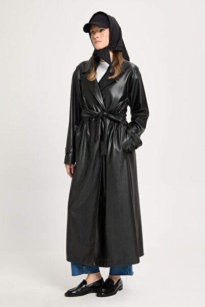minaaise Kadın Siyah Oversize Astarsız Tam Boy Deri Trench 30022