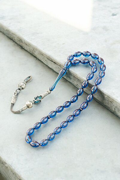 Tesbih Otağı Silver Kazaz Tassel Blue Fire Amber Prayer Beads – with Special Wooden Box