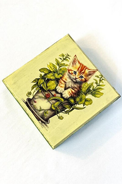 Uretti - Hülya 6683 3858 Handmade Nostalgic Retro Cat Printed Square Wooden Decorative Storage / Jewelry Box