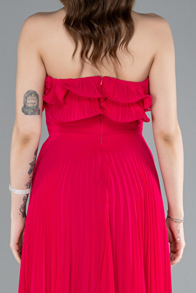 Abiyefon Fuşya Straplez Piliseli Uzun Şifon Mezuniyet Elbisesi ABU4866