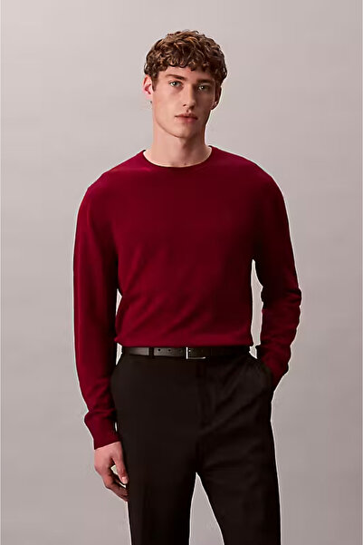 Calvin Klein Erkek Regular Fit Merinos Yünü Triko Kazak - Bordo