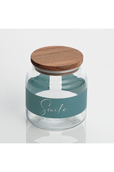 OEM Glass jar with gray stripe and 'Smile' print, wooden lid, 635 ml