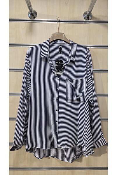 trendbysena Navy Blue Striped Women's Shirt Buttoned Viscose