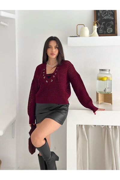 SBL COLLECTİON Tricotaj pentru femei cu decolteu în V și cu șireturi în față