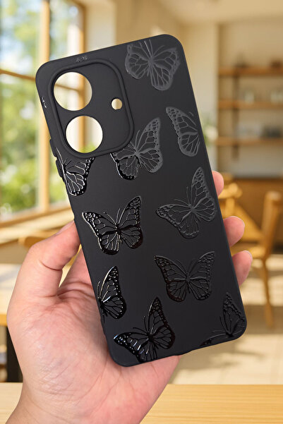 Vip Case REALME NOTE 60 Uyumlu Siyah Kelebek Desenli Silikon Darbe Emici Klasik Korumalı Rubber Kılıf