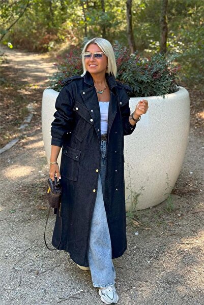 By Esra Celkan Lacivert Denim Çıtçıtlı Cepli Uzun Trençkot