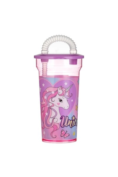 SHOPIENS Pahar cu Pai, Unicorn, Plastic, Culoare Roz, Capacitate 400ml, MYONNA IT & E- COMMERCE ®