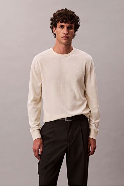 Calvin Klein Men's Regular Fit Merino Wool Knit Sweater - Cream