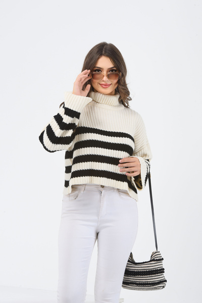H&E LUXURY DESIGN Women's Black and White Striped Turtleneck Crop Knitwear Sweater