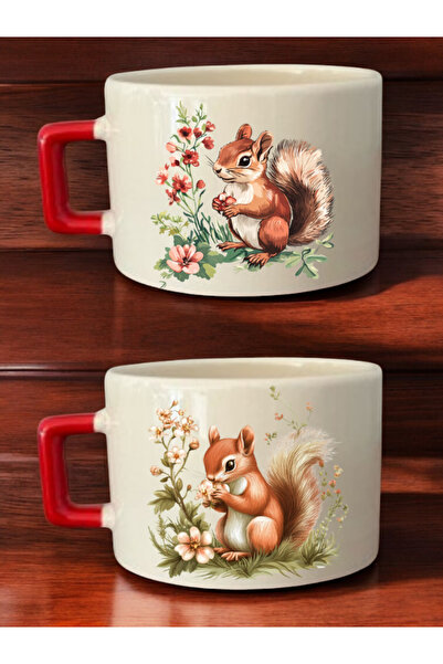 lili hediyelik Floral Squirrel Printed 2-Piece Coffee Cup Ceramic Mug - Ceramic Tea, Coffee Gift Cup